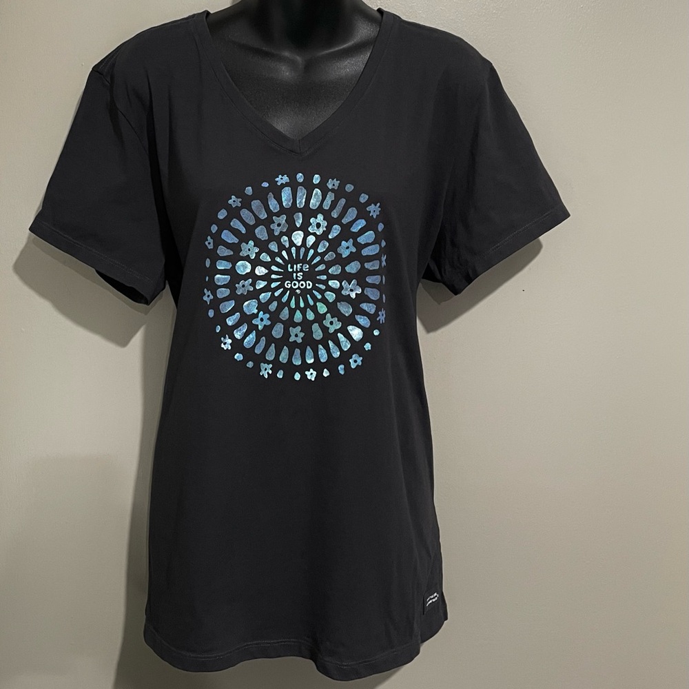 Life Is Good Black Tee with Blue Mandala Design